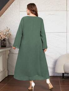 Lacomfia Women's Loose Pleated Long Sleeve Elegant Comfortable Minimalist Plus Size Dress - Green - View 2