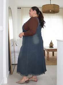 Pretty and Ole Váy Maxi Chữ A bằng vải denim rách màu tối, phù hợp cho mọi mùa - Rửa tối - Xem 4