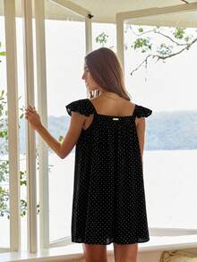 Aralina 女士睡衣优雅宽松娃娃衫迷你连衣裙，配缎带，非常适合圣诞节、新年、海滩度假和夏季假期。 - 黑色 - 查看 3