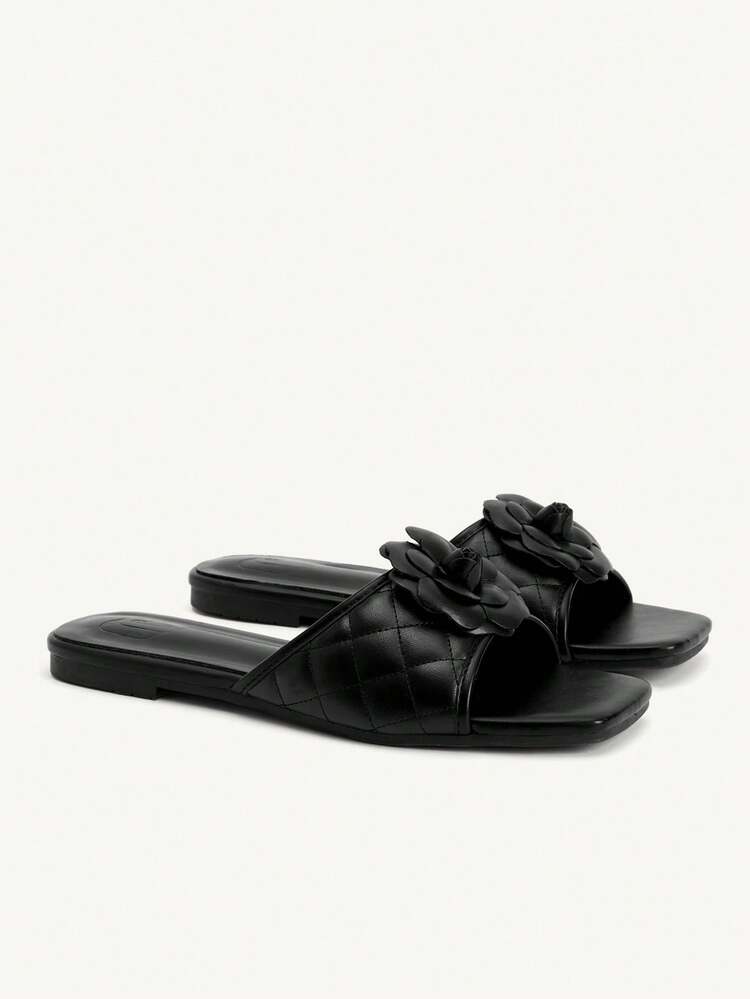 CUCCOO CHICEST Women Shoes Women's New Summer Square Toe Flat Bottom Black Three-Dimensional Flower Fashionable And Elegant Women's Flat Sandals Slippers Suitable For Daily Commuting Home Office Vacation And Other Places