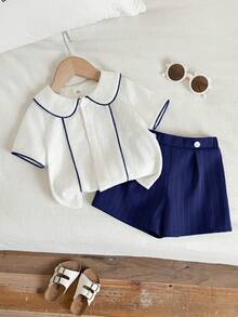 SHEIN Set de 2 piezas Ropa de niño bebé primavera/verano fresca y linda con rayas verdes, incluye camisa de manga corta con cuello y pantalones cortos verdes, adecuado para eventos elegantes, invitado de boda, paje, portador de anillos, boda, cumpleaños, bautizo y baby shower - Azul - Ver 3