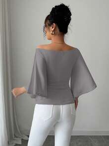 Celisse Knitted High Elasticity Flare Sleeve Women T-Shirt - Grey - View 2
