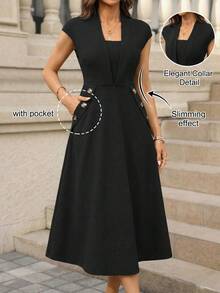 Editum 女士优雅纯色中长连衣裙，适合通勤和夏季穿着 - 黑色 - 查看 1