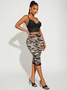 Radiana Sexy Casual Zebra Print Leggings, Bow Lace Trim Leggings, Capri Pants, Skinny Pants, Leisure Pants, Beach Pants, High Elastic Knit Fabric, Slim Fit Curve-Revealing, Suitable For Casual Outings, Urban, Island Vacation, Beach, Holiday, Night, Date, Gathering, Party, Club, Cocktail Party, Carnival, Music Festival, Concert, Festival, Animal Print - Multicolor - View 4