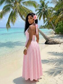 Slaydiva 优雅法式格纹V领露背长裙，是夏季度假的完美之选 - 粉色 - 查看 3