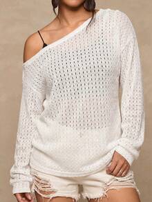 Freevana Áo dệt kim dáng rộng, vai lệch, kiểu dáng thường ngày, đa năng, phù hợp cho mùa thu/đông. - trắng - Xem 9