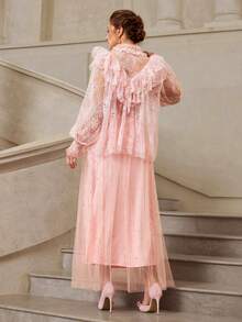 VOLUPTÉ CURVE Áo kiểu cỡ lớn mùa xuân/hè, kiểu dáng ngọt ngào và thanh thoát với viền ren xếp nếp, tay dài, thắt nơ phía trước, thích hợp mặc hàng ngày, đi làm, dự tiệc, hẹn hò, đi nghỉ mát. - Hồng - Xem 8