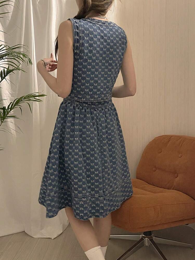 Women's Textured Washed Denim Sleeveless Loose Fit Skirt Suit, Korean Style