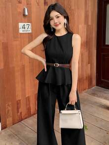 DAZY Women's Sleeveless Round Neck Ruffle Hem Solid Color Long Tank Top 2 Pieces Set, Summer Short Sets For Women - Black - View 6