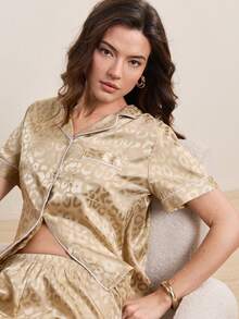 LuxeNights Leopard Jacquard Contrast Piping Satin Blouse & Shorts PJ Set / Pajama Set - Army Green - View 3