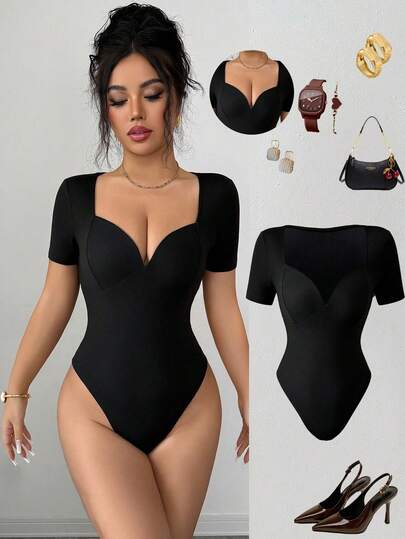 Elenzga 2026夏季新品：深V领方领短袖连体裤，优雅显瘦，提臀塑形打底衫，性感百搭女式上衣