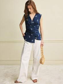 Écloséra Women's French Vintage Navy Blue Floral Sleeveless Shirt,Elegant Summer Brunch Textured Soft Fabric Embroidered Casual Vacation Blouse Top - Navy Blue - View 5