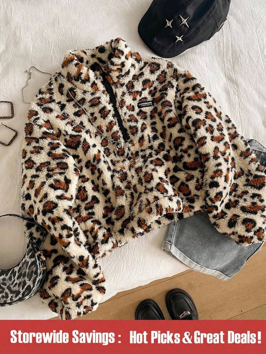 SHEIN 1件装少女拉链抓绒卫衣,立领半拉链套头长袖休闲卫衣,适合秋冬季节穿着。 - 棕色 - 查看 1