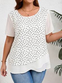 EMERY ROSE Plus Size Women Polka Dot Pattern Round Neck Short Sleeve Casual Shirt - White - View 1