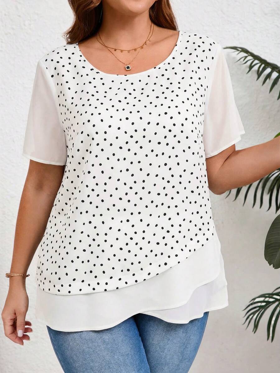 EMERY ROSE Plus Size Women Polka Dot Pattern Round Neck Short Sleeve Casual Shirt - White - View 1
