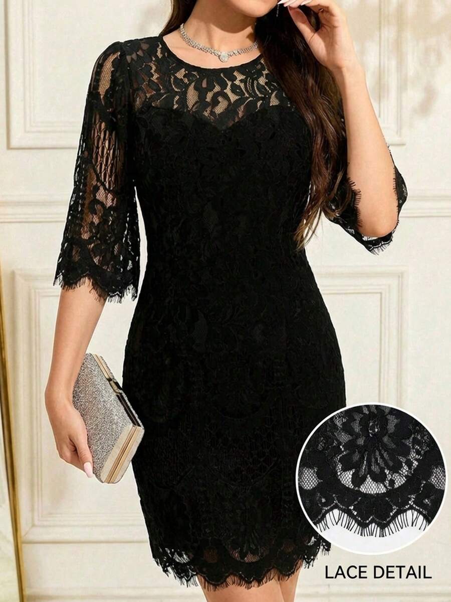 Editum Đầm ngắn ôm dáng thanh lịch, cổ tròn, tay lỡ 3/4, chất liệu ren dành cho nữ.