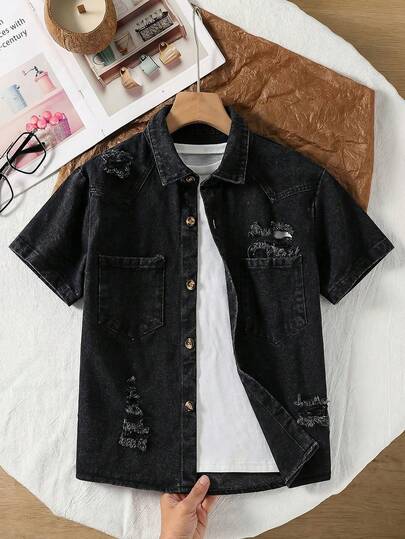 Mirajuku 2026 Spring/Summer New Fashion Boys' Denim Short Sleeve Shirt, Casual Cool Street Style, Soft & Comfortable Fabric, Summer Travel Essential