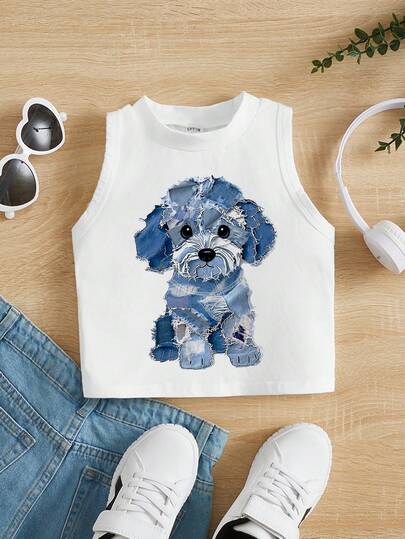 SHEIN Top sin mangas con cuello redondo y gráfico de cachorro texturizado, estilo casual y lindo, adecuado para verano, vacaciones y uso diario