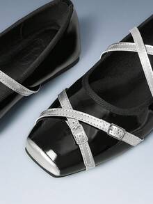 CUCCOO GRLICON Women's Flat Shoes, Square Toe Contrast Color Buckle Design Casual Flat Shoes, Motorcycle Style Outfit For Cool Girls, Suitable For Spring/Summer, Vacation, Travel, 2000s Style - Black 3 - View 3