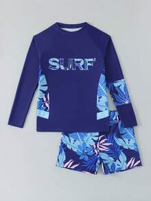 SHEIN Tween Boys Swimwear,Navy Blue Summer Funny Beach Vacation Gift Holiday Rash Guard,2-Piece Set Long Sleeve SURF Letter Tropical Leaf Print - Navy Blue - View 7