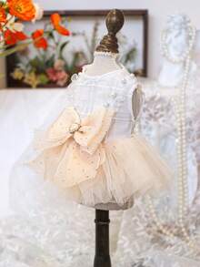 PETSIN 1pc Pet Pearl Decorative Mesh Dress Love Rhinestone Bow Decoration Elegant Princess Style Cat And Dog Universal Clothes - Beige - View 10