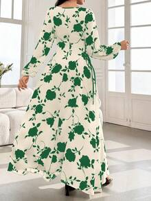 SHEIN Najma Round Neck Lantern Sleeve Side Drawstring Dual-Color Print Dress - Green - View 4