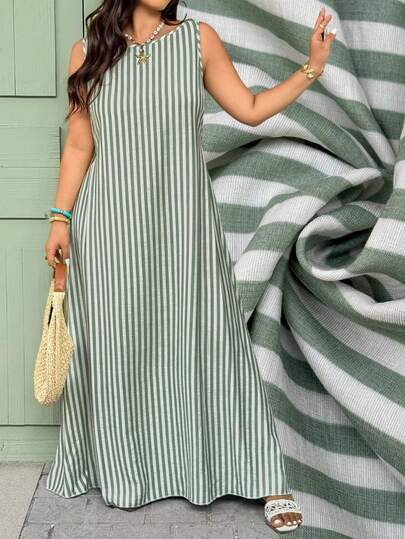Vionelle Plus Size Woven Round Neck Sleeveless Casual Flared Striped Dress Loose Summer Dress One Shoulder Summer Dress Vertical Stripe Dress Green Summer Dress Women Mint Green Dress Women Sage Dress Women Mint Green Elegant Dress Women Green And White Dress