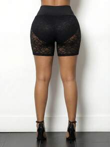 BamGleam Women's High Waist Contrast Lace Shorts - Black - View 2
