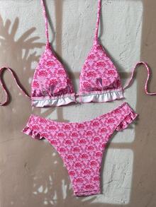 Swim Vcay Women's Pink Floral Print Halter Sexy Beach Vacation Swimsuit Set - Pink - View 2
