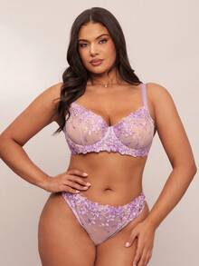 SHEIN BAE 2pcs/Set Women Plus Size Pink Lingerie Set, Lift - Purple - View 4