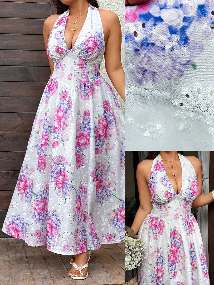 Sunnyshic Plus Size Elegant Vacation Rose Floral Embroidered Halter Dress, Spring/Summer - Pink - View 1