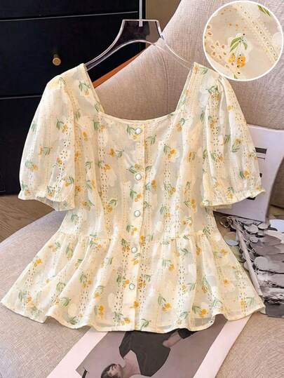 GlowEve CURVE Blusa/camisa casual de talla grande con bordado floral ditsy para vacaciones de verano, carnaval y fiestas