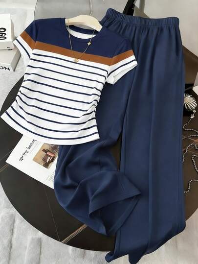 Resyla Conjunto de camiseta y pantalones que estilizan la cintura para mujer, diseño clásico de estampado de rayas, parte superior de verano para exteriores, patrón elegante, versátil y casual para uso diario, exteriores, compras, viajes