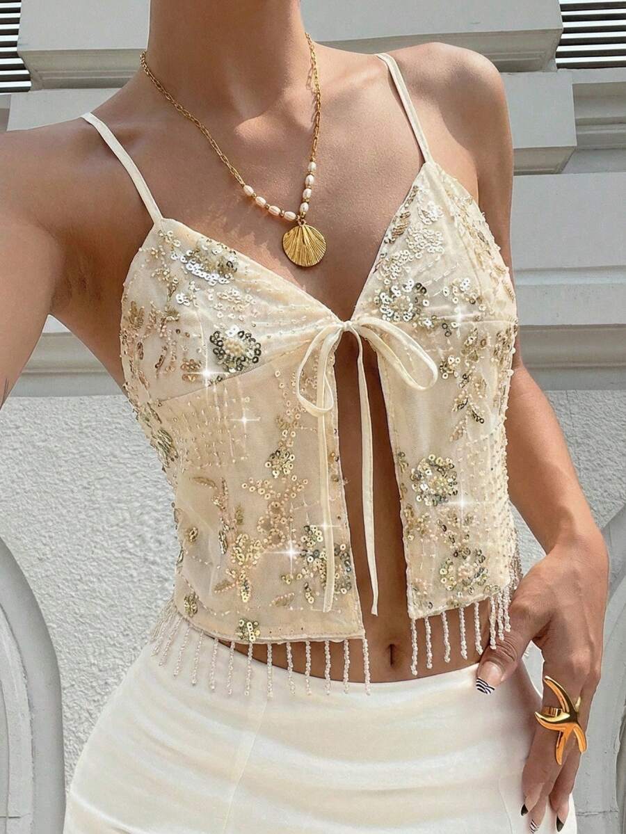 Serisse Áo tank top không tay dây mảnh đính sequin họa tiết hoa nhí cho nữ, mùa hè, áo hai dây tua rua đính sequin kiểu Pháp, thiết kế buộc dây thanh lịch, áo crop top gợi cảm, áo đính sequin, áo lấp lánh, áo thêu sequin, áo mùa hè nhẹ nhàng sang trọng thanh lịch dành cho nữ, kỳ nghỉ hè, kỳ nghỉ cho nữ, áo kiểu thanh lịch dành cho nữ, áo phù dâu, áo dự tiệc. - Màu be - Xem 1