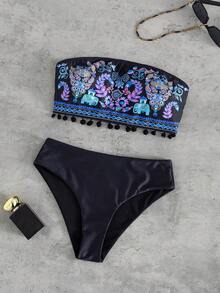 Swim Vcay 女款黑色夏季波西米亞風兩件式比基尼套裝，刺繡花卉大象平口短版上衣，高腰性感三角褲，適合海灘派對、度假、度假氛圍 - 黑色 - 查看 3