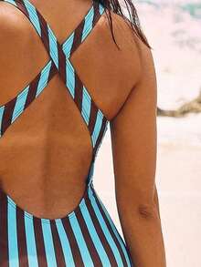 Swim SPRTY Áo tắm liền thân nữ kẻ sọc, lưng chéo, kiểu racerback, đồ thể thao thường ngày đi biển, đồ bơi kẻ sọc nữ, đồ bơi nữ. - Cà phê nâu - Xem 5