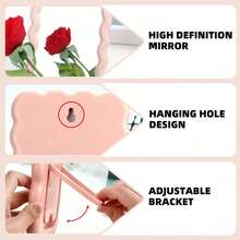 1PC Cute Makeup Mirror, Cream Wavy Design, Mountable On Desk Or Wall, Portable Travel Makeup Mirror, Suitable For Dorm, Vanity, Office, Makeup, Affordable, Room Decor, Vanity, Travel, Bedroom, Makeup Accessory, Mirror, Vanity Mirror, Mini Mirror, Compact Mirror, Small Mirror, Handheld Mirror, Tabletop Makeup Mirror, Holiday And Valentine's Day Gift - Multicolor - View 4