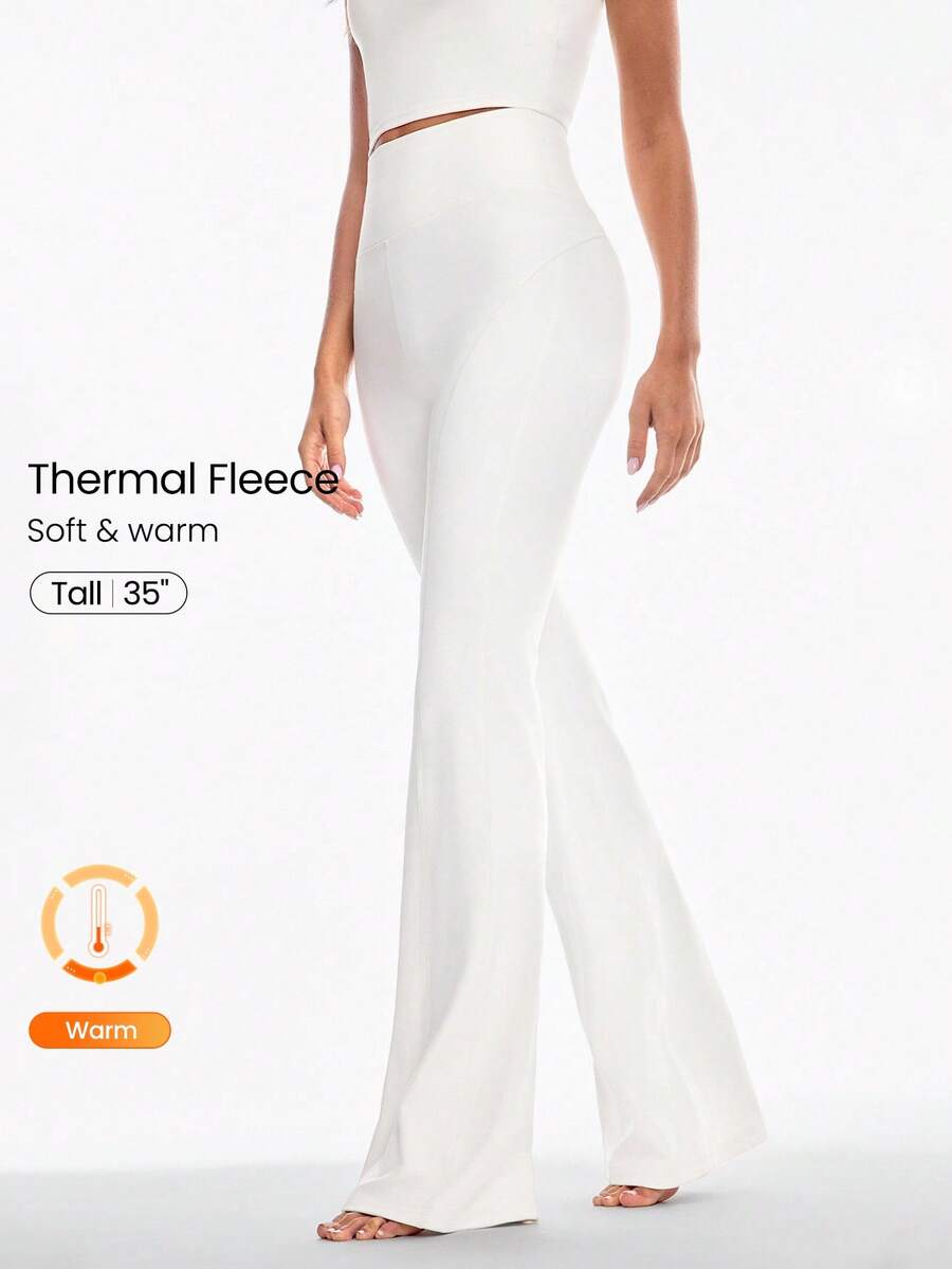 GLOWMODE 35 英寸 FeatherFit™-Warm HeatFlow 柔软保暖凉爽弹力高腰喇叭紧身裤，低冲击瑜伽普拉提工作室日常休闲秋冬 - 白色 - 查看 1