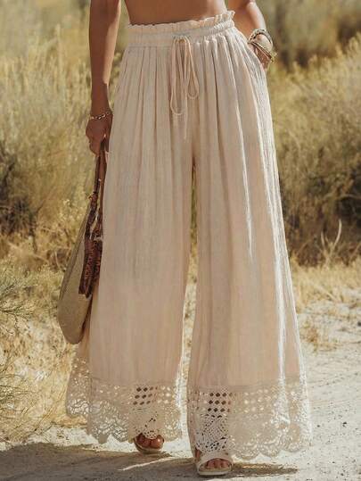 Wildy Calça Casual Americana Estilo Country com Renda e Retalhos, Básica para Uso Diário Feminino, Calça Larga Solta com Bolsos, Adequada para Primavera/Verão e Uso Diário