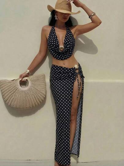 Bonvoyette 2026 New Women's Summer Beach Vacation Black & White Polka Dot Print Fabric Metal Shell Decor Halter Backless Loose Waist Maxi Skirt Set With Drawstring Waist, 3-Piece Bikini Set