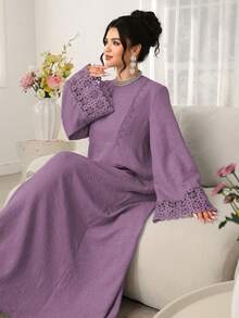 Al Najma Solid Color Round Neck Loose Long Sleeve Patchwork Ribbon Dress, Casual Resort Wear - Purple - View 3