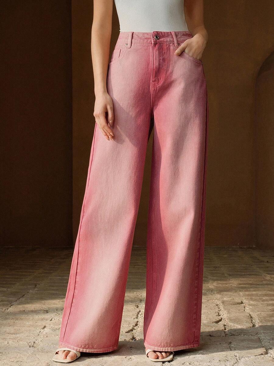 Anewsta Jeans de pierna ancha de moda casual lavados en rojo para mujer - Rojo - Ver 1