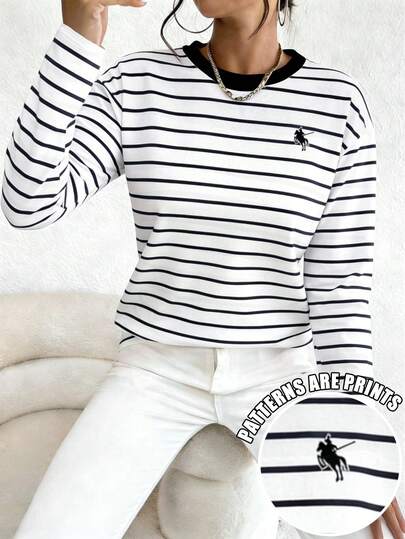 EMERY ROSE Striped Horse Print T-Shirt, Fashionable Minimalist Contrast Collar Casual T-Shirt, Suitable For Commuting Women, Spring/Summer White