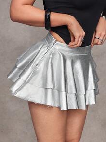 Jeanoix Y2K 时尚百搭涂层蛋糕裙 - 銀色 - 查看 5