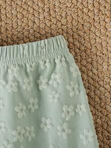 SHEIN 两件套女婴夏季服装，返校季，适合6个月至3岁宝宝，杏色休闲简约3D立体花卉装饰圆领荷叶袖弹力T恤上衣搭配白色蝴蝶结绿色短裤，柔软舒适，适合春夏季外出穿着，可作为礼物赠送。 - 綠色 - 查看 3
