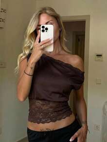 SHEIN SXY Elegant Lace Splice One-Shoulder Neckline Blouse - Brown - View 3