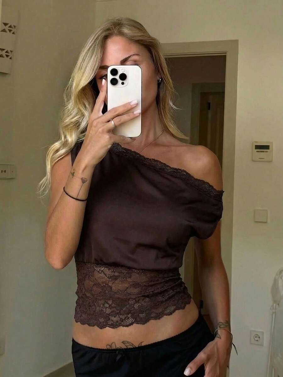 SHEIN SXY 优雅蕾丝拼接单肩领口衬衫 - 棕色 - 查看 1