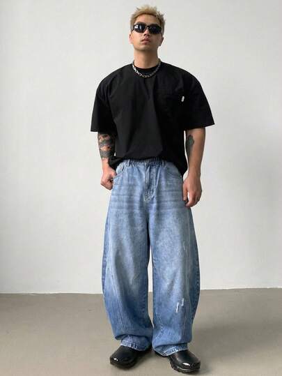 DAZY 男士蓝色水洗复古锥形牛仔裤，适合春秋季穿着