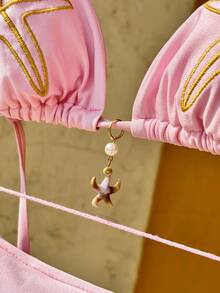 Swim Mod Embroidered Solid Color Tie-Up Bikini Set Bathing Suit Accessories Swimwear - Pink - View 3