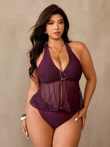 Auralis Plus Size Women Metal Decor Fashionable Halter Tankini Swimsuit Set Summer Outfit For Women Beach Outfits For Women Plus Size Bathing Suits Women Maiôs Feminino Praia Elegante Maiôs Feminino Praia Elegante Praia - Red Violet - View 5